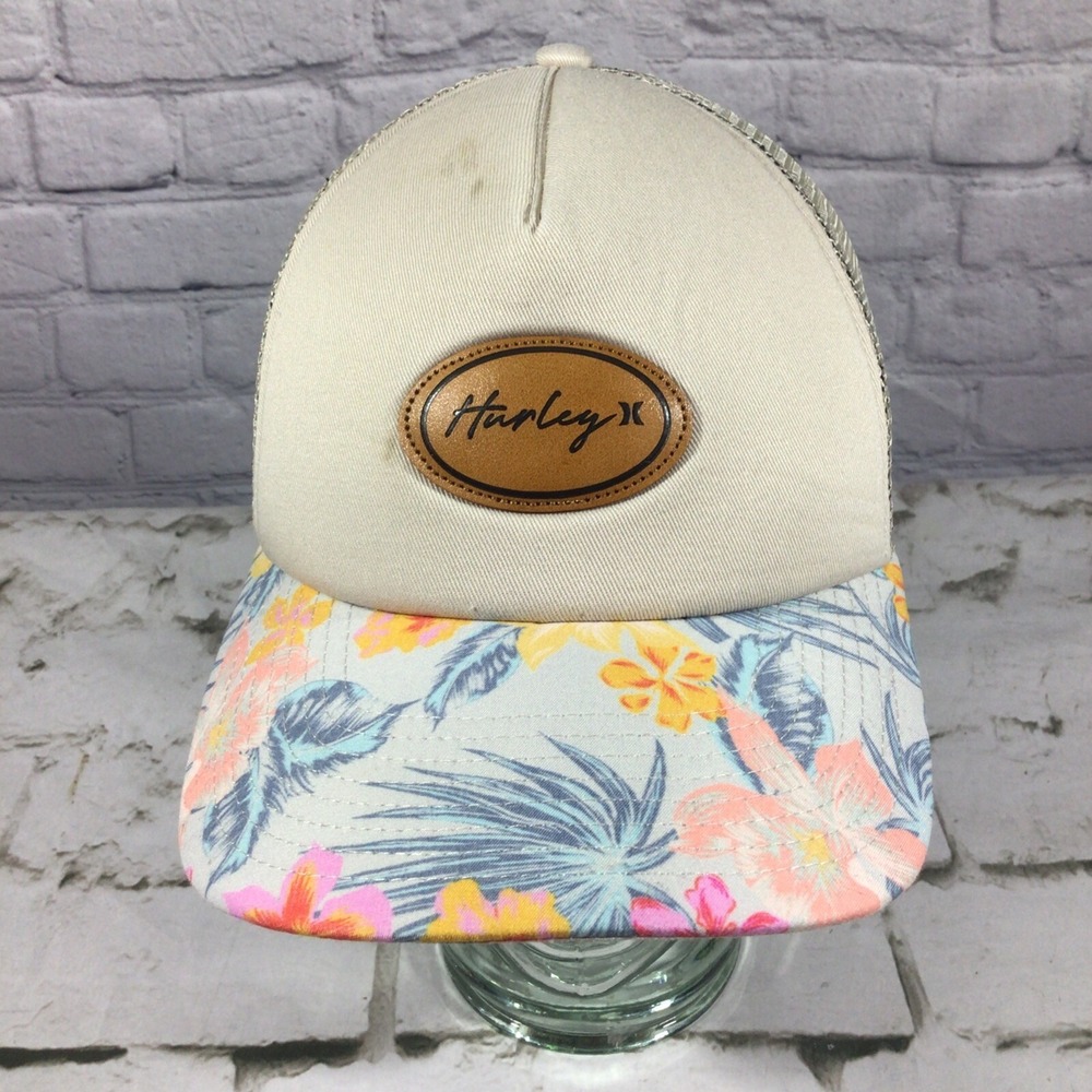 Hurley Beige Floral Womens Trucker Snapback Hat Adjustable Ball Cap Flaw Spot